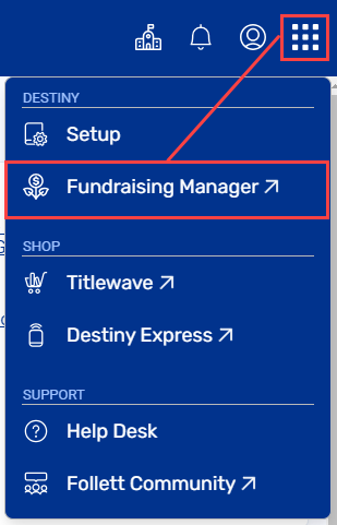 App locator open with Fundraising Manager highlighted