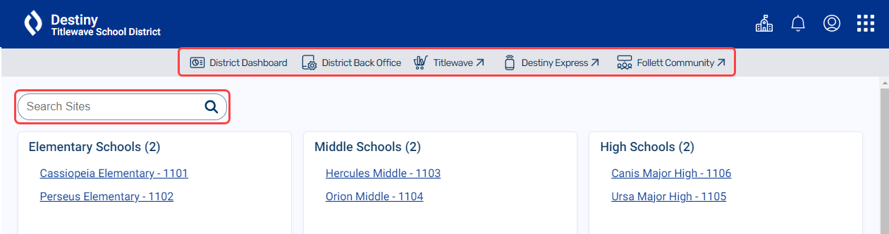 District landing page with Search Sites field highlighted.