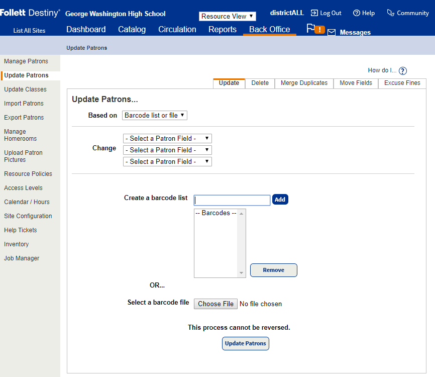 Update Patrons page Update Sub-menu based on Barcode list or file