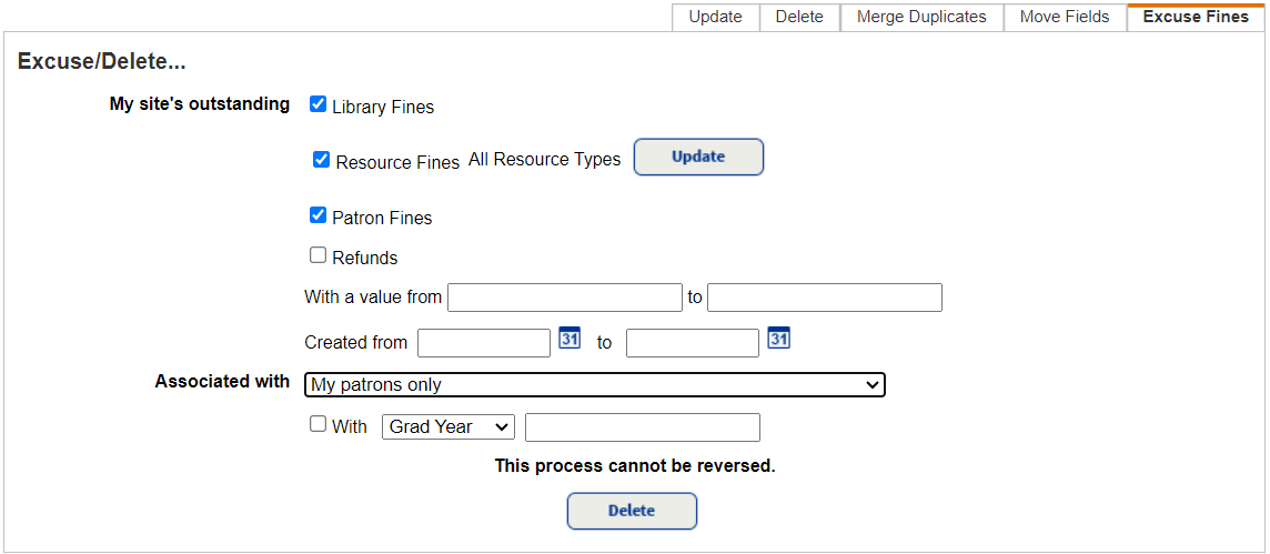 Update Patron page Excuse Fines sub-tab