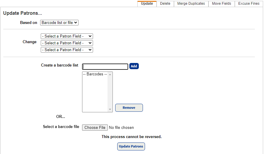 Update Patrons page Update sub-tab based on Barcode list or file.