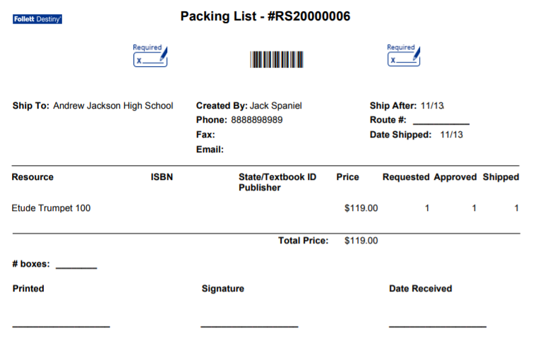 District Warehouse, Catalog, Resource Orders, Track sub-tab, Order packing list for resources